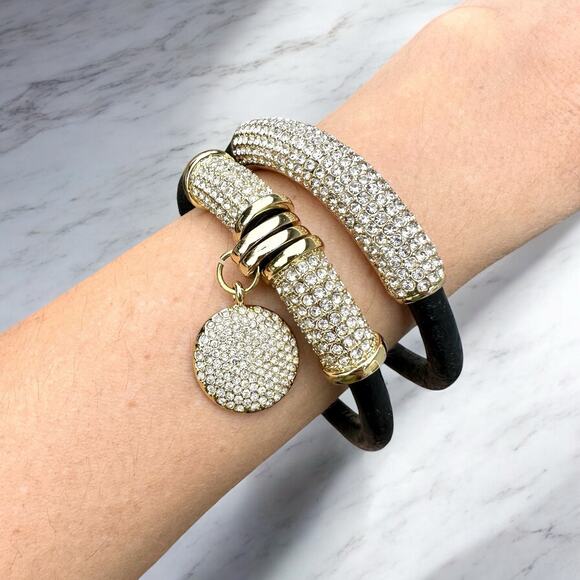 Joan Boyce Set 2 Black Leather Gold Pave Rhinestone Love Barrel-Rolled Bracelets - Picture 3 of 7